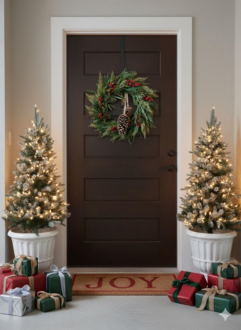 Corona Navideña Artificial de Pino con Berries Rojos y Piñas, de 19